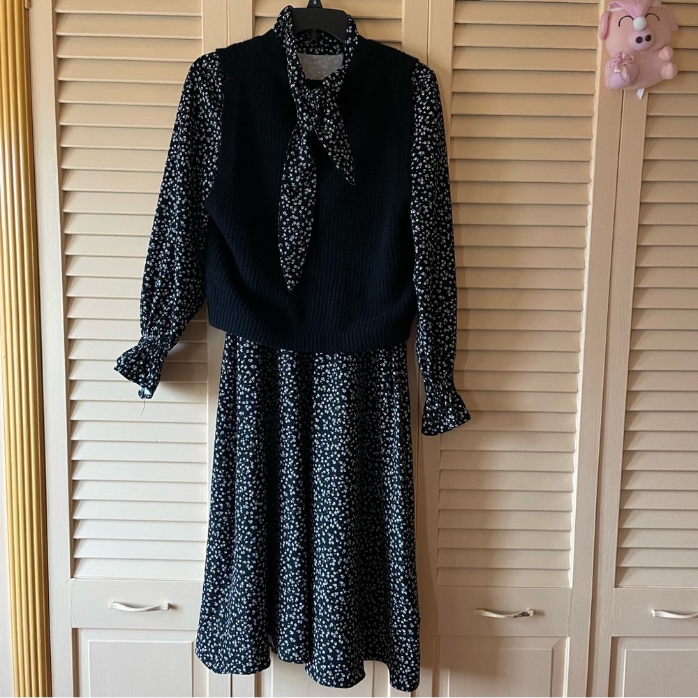 Sweater Vest + Floral Dress 2 Piece Set